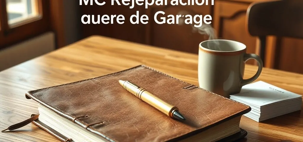 Escritorio de roble con un diario de cuero, pluma de bronce, taza humeante y tarjetas, ideal para buscar "Que empresas ofrecen los mejores servicios de reparacion de puertas de garaje en Madrid".