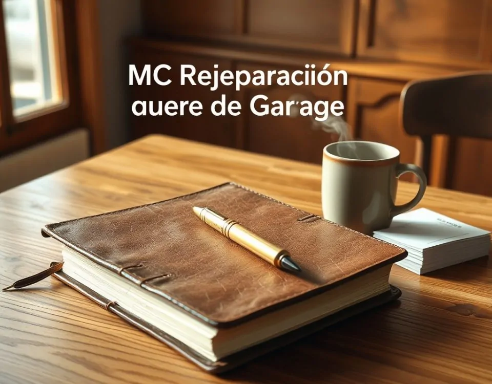 Escritorio de roble con un diario de cuero, pluma de bronce, taza humeante y tarjetas, ideal para buscar "Que empresas ofrecen los mejores servicios de reparacion de puertas de garaje en Madrid".