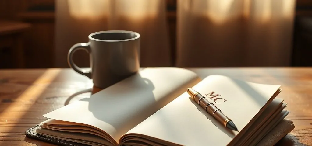 Escritorio de roble iluminado con un diario, pluma, taza y llave, ideal para reflexionar sobre reparaciones de puertas de garaje.