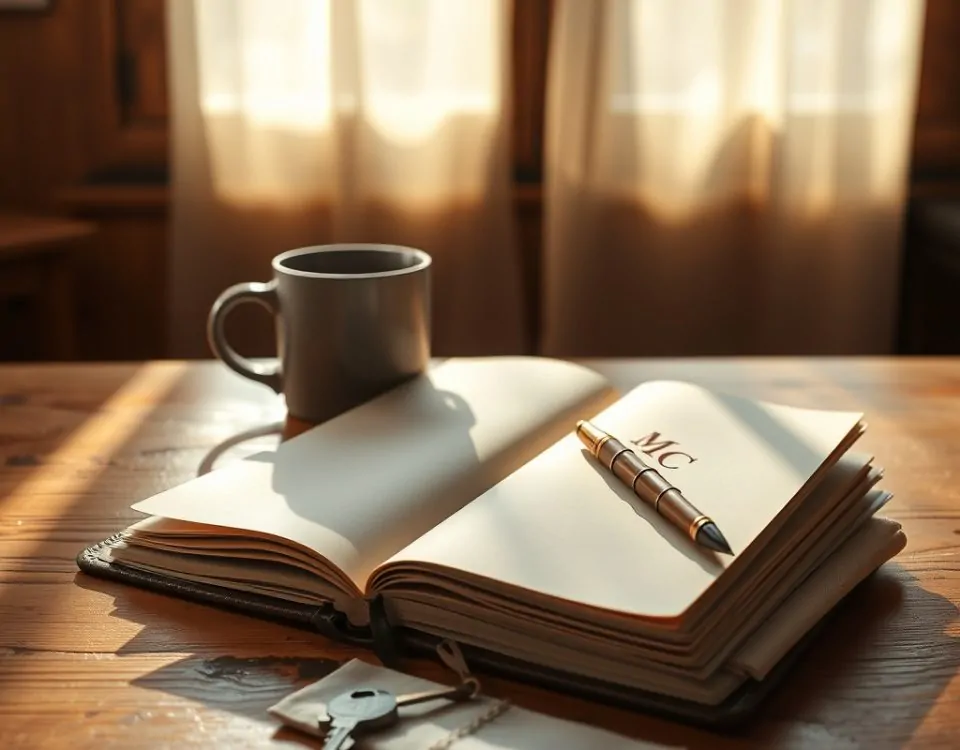 Escritorio de roble iluminado con un diario, pluma, taza y llave, ideal para reflexionar sobre reparaciones de puertas de garaje.