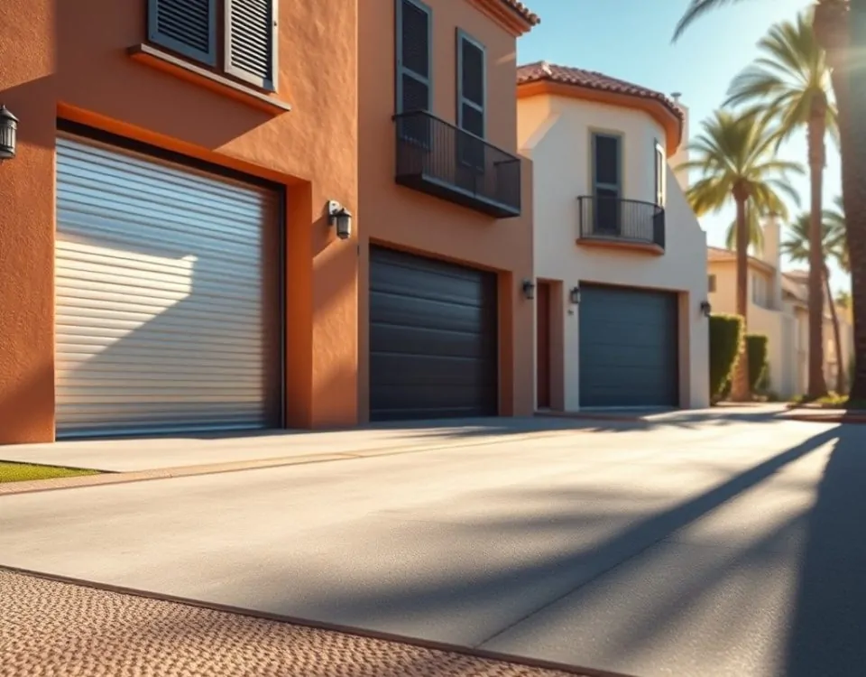 Escena en Valencia con tres tipos de puertas de garaje de bajo mantenimiento: aluminio, acero y PVC, bajo un cielo azul.