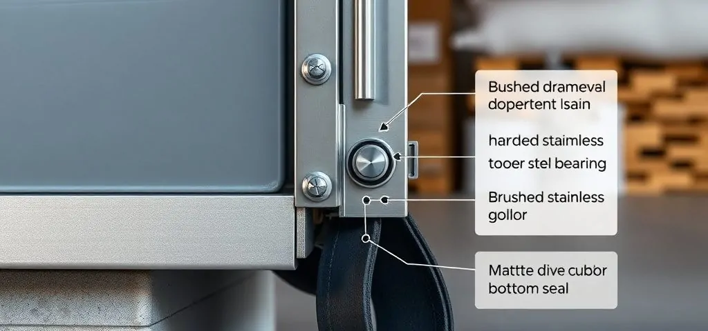 Puerta de garaje basculante con detalles en acero y madera, mostrando características para ser eficientes y bien aisladas.