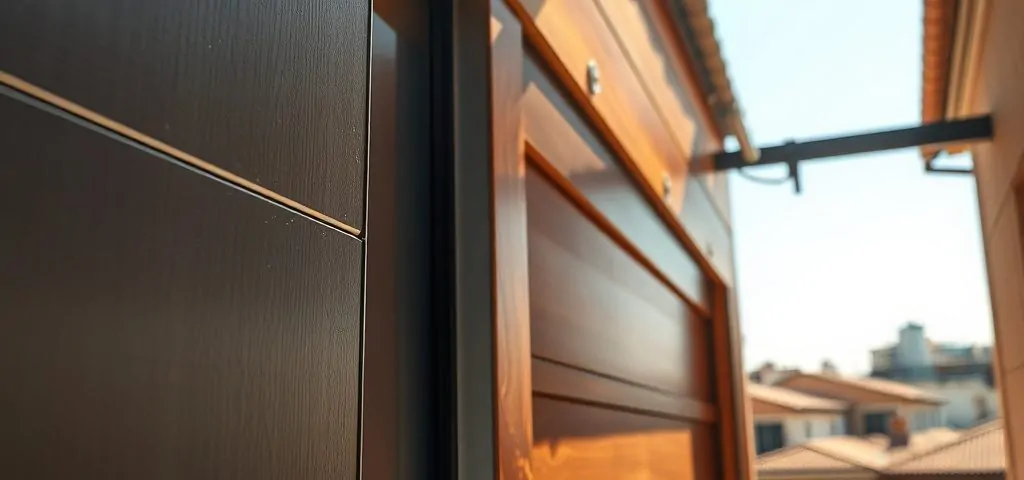 Estudio de durabilidad de puertas de garaje en Madrid: paneles de acero, aluminio y composite, con detalles táctiles.
