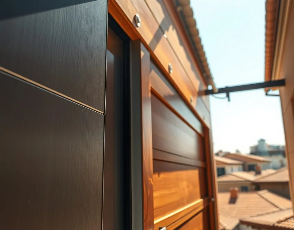 Estudio de durabilidad de puertas de garaje en Madrid: paneles de acero, aluminio y composite, con detalles táctiles.