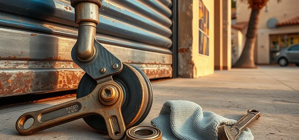 Detalle de la reparación de una puerta de garaje corredera en Valencia, con herramientas y el entorno mediterráneo.
