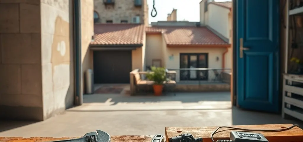 Garaje en Barcelona con puerta azul abierta, herramientas y ambiente práctico; Cuales son las mejores opciones de reparacion de puertas de garaje en Barcelona.