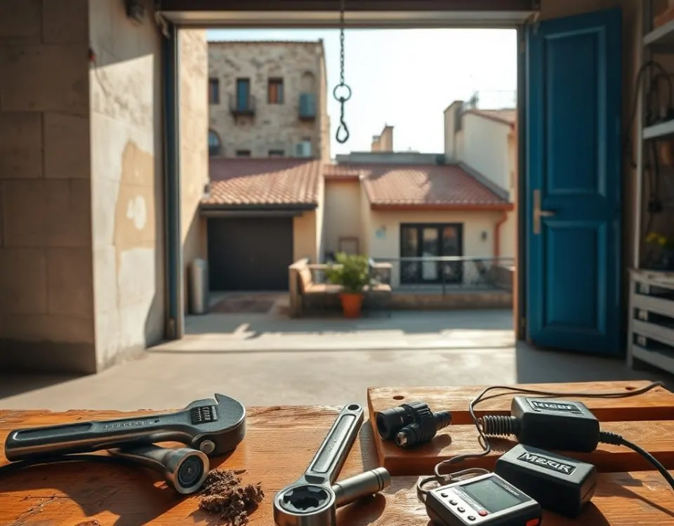 Garaje en Barcelona con puerta azul abierta, herramientas y ambiente práctico; Cuales son las mejores opciones de reparacion de puertas de garaje en Barcelona.