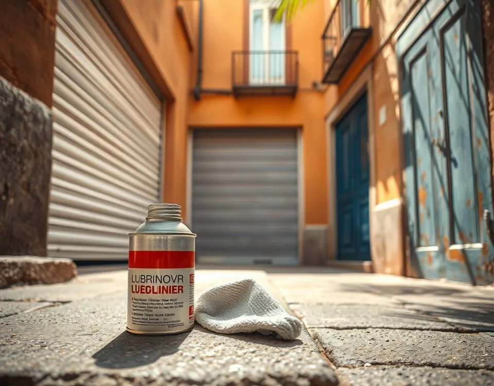 Comparar las opciones de mantenimiento para puertas de garaje basculantes en Barcelona en un cálido callejón con detalles de hardware.