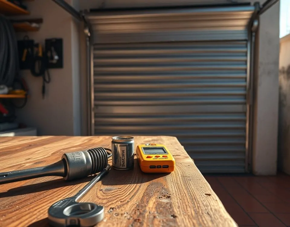Garaje de una casa en Barcelona con herramientas y puerta automática, ideal para conocer cuales son los servicios mas efectivos para reparar puertas de garaje automaticas en Barcelona.
