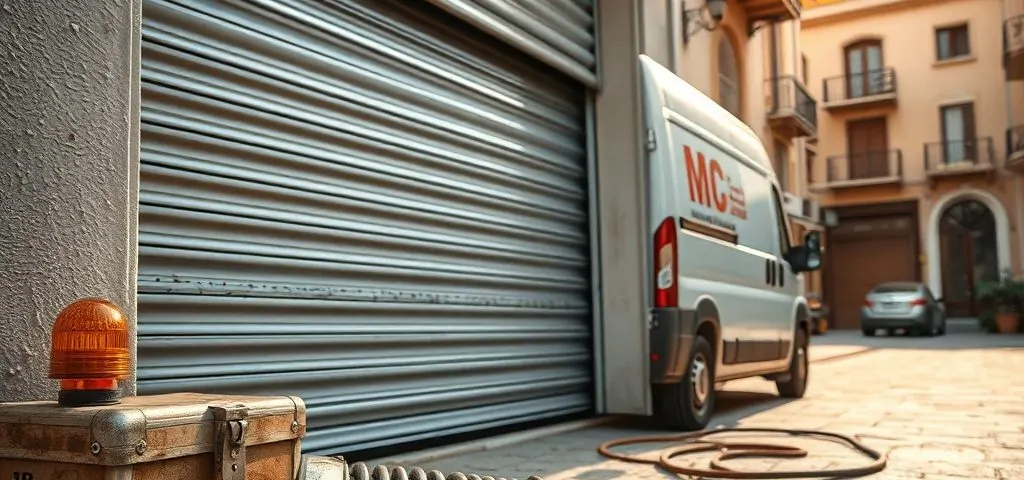 Puerta de garaje enrollable medio abierta, herramientas y furgoneta de servicio en Valencia. Donde puedo contratar una reparacion urgente para puertas de garaje enrollables en Valencia.