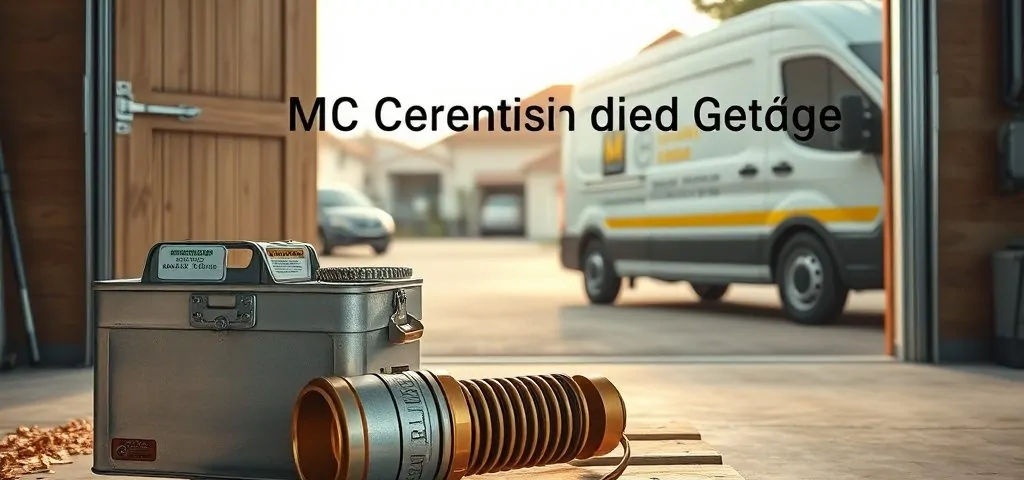 Escena de un garaje con puerta de madera, herramientas y un furgón; ideal para preguntar: "Que empresa ofrece el mantenimiento mas confiable para puertas de garaje basculantes".