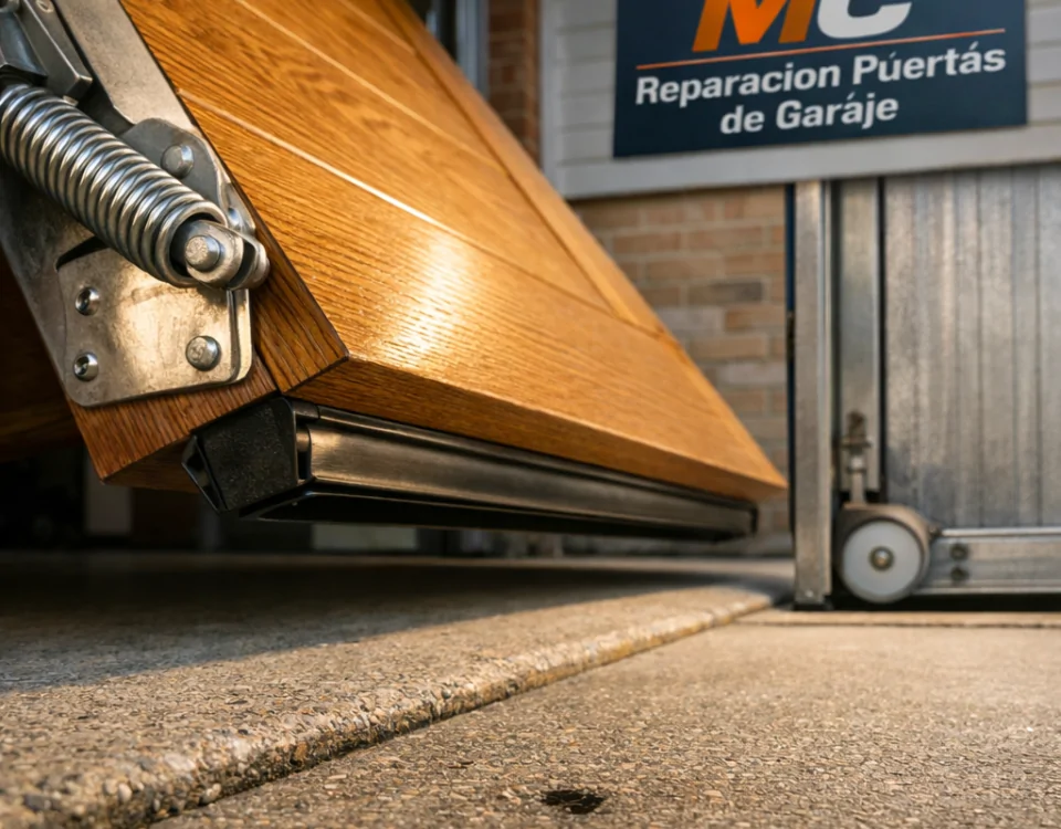 Estudio de puertas de garaje: una basculante de madera brillante y una corredera metálica, mostrando sus ventajas funcionales.