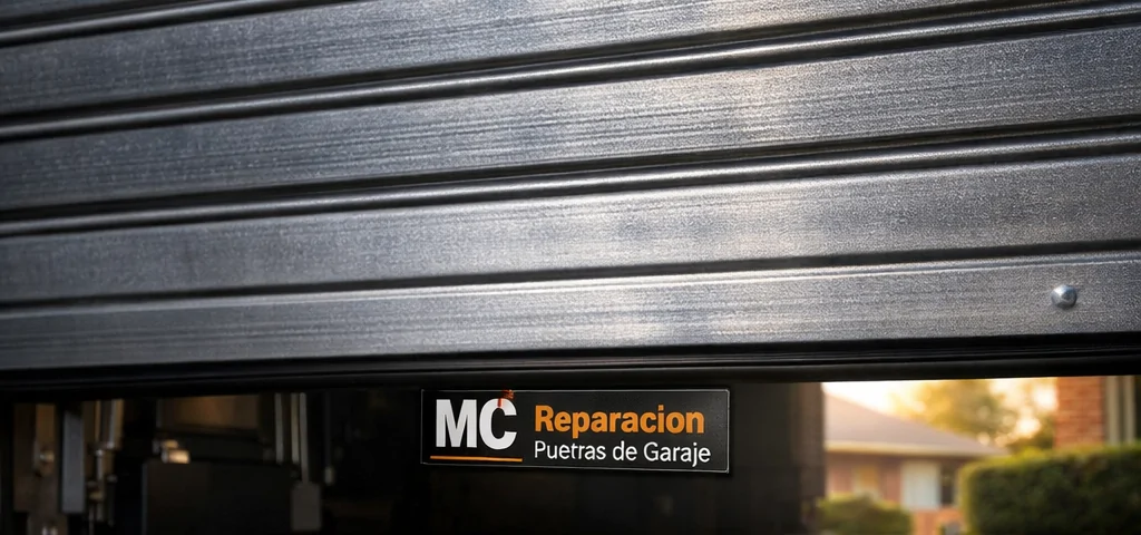 Puerta de garaje enrollable de acero galvanizado, mostrando textura y detalles, con un entorno suburbano difuminado. Cuales son las opciones mas duraderas para puertas de garaje enrollables.