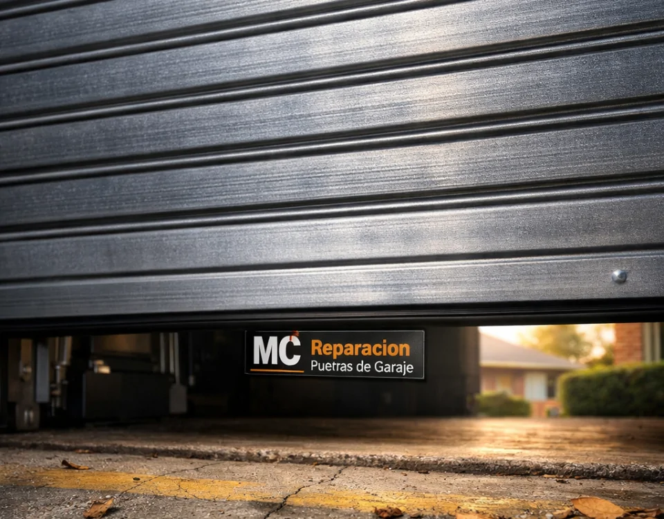 Puerta de garaje enrollable de acero galvanizado, mostrando textura y detalles, con un entorno suburbano difuminado. Cuales son las opciones mas duraderas para puertas de garaje enrollables.