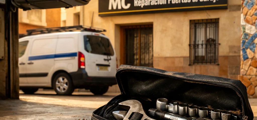 Umbral de garaje en Barcelona con herramientas desgastadas y luz cálida; ideal para conocer las mejores empresas de reparación de puertas de garaje en Barcelona.