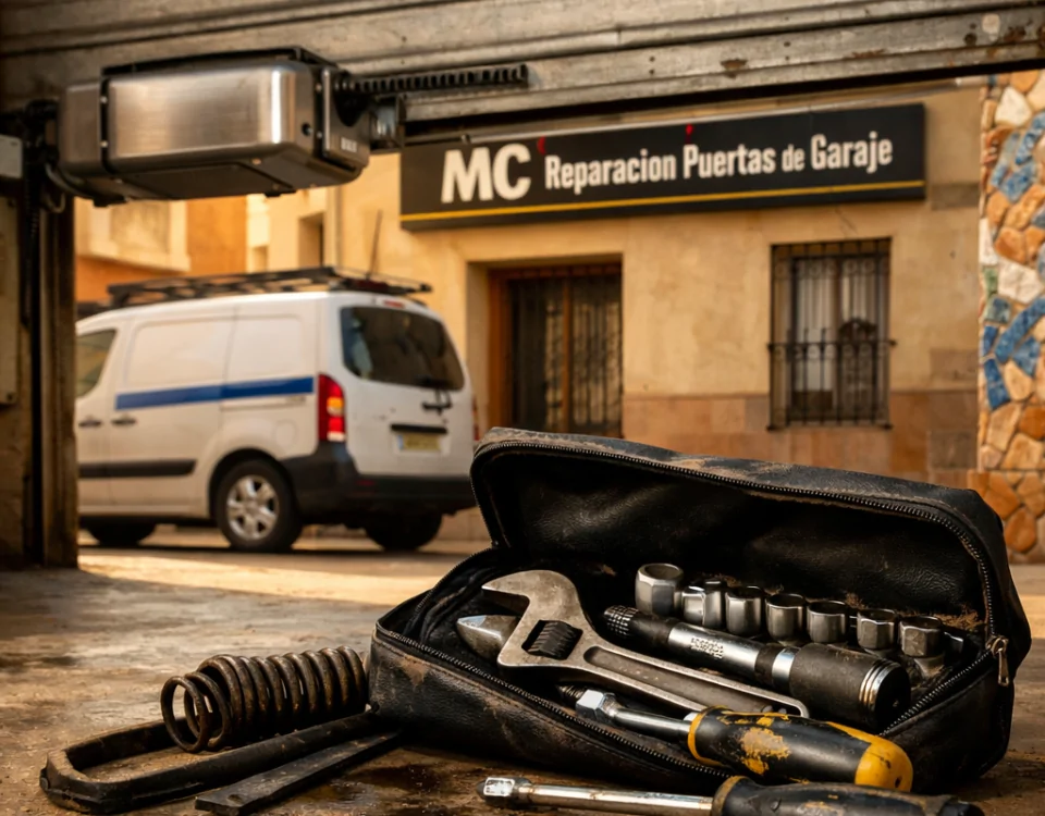 Umbral de garaje en Barcelona con herramientas desgastadas y luz cálida; ideal para conocer las mejores empresas de reparación de puertas de garaje en Barcelona.