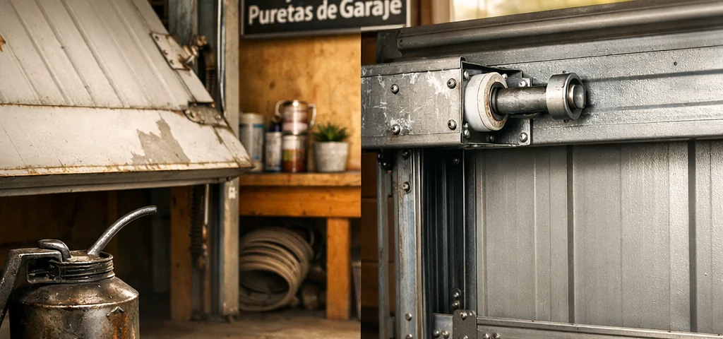 Comparación de puertas de garaje basculantes y correderas en un garaje cálido y realista, mostrando detalles de mantenimiento. Cuales son las diferencias entre puertas de garaje basculantes y correderas.