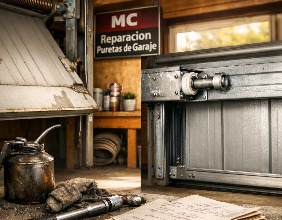 Comparación de puertas de garaje basculantes y correderas en un garaje cálido y realista, mostrando detalles de mantenimiento. Cuales son las diferencias entre puertas de garaje basculantes y correderas.
