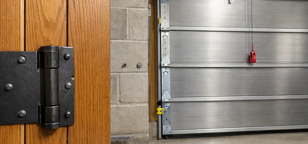 Fotografía de un garage con puertas basculantes y correderas, mostrando diferencias en diseño y mecanismos.