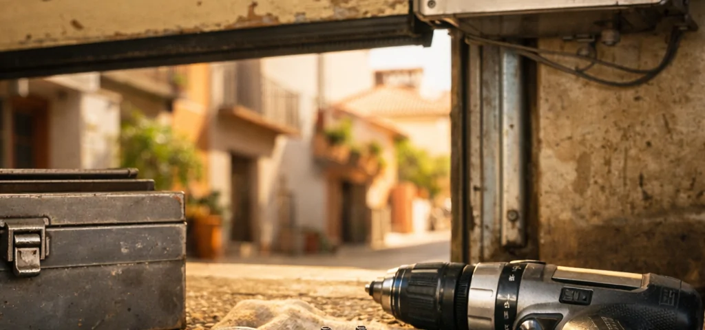 Garaje en Barcelona con herramientas y puerta automática en reparación; ideal para encontrar "Donde puedo contratar servicios de reparacion para puertas de garaje automaticas en Barcelona".