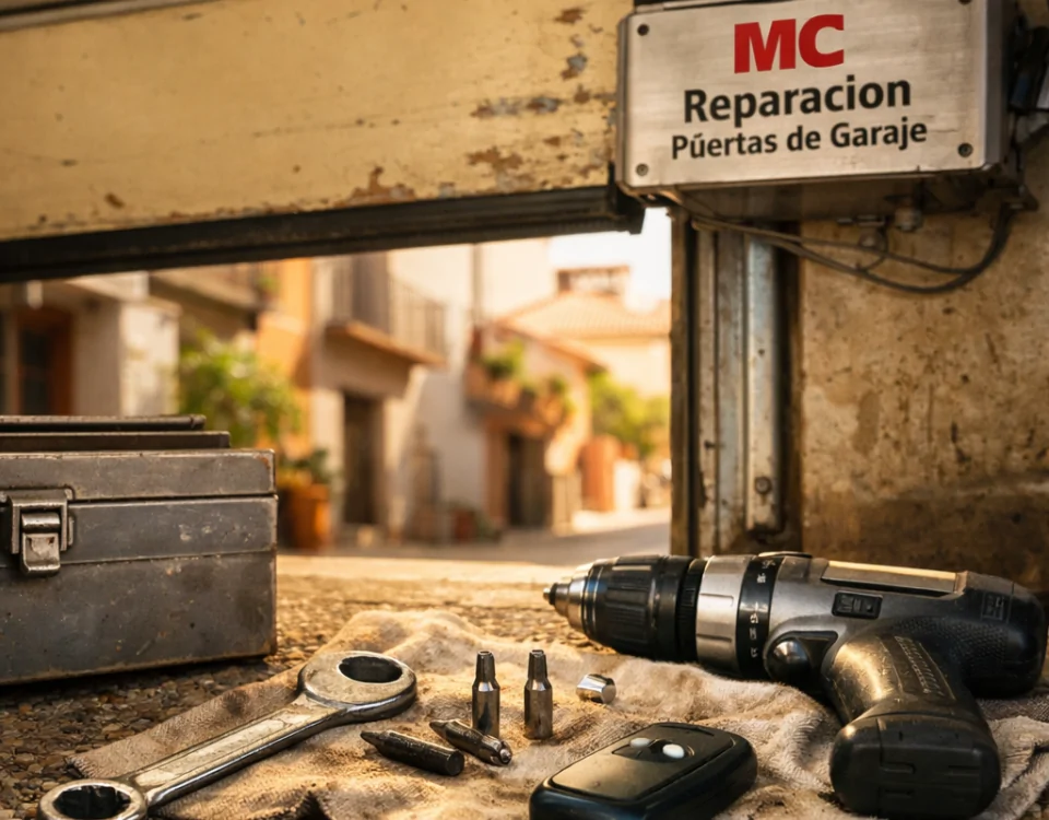 Garaje en Barcelona con herramientas y puerta automática en reparación; ideal para encontrar "Donde puedo contratar servicios de reparacion para puertas de garaje automaticas en Barcelona".