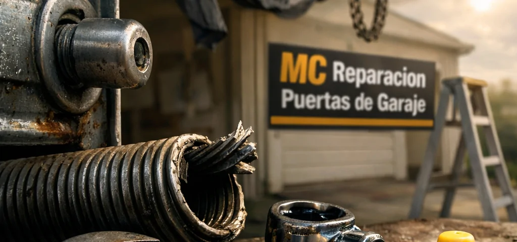 Primer plano de un resorte de torsión dañado y herramientas en un garage, reflejando la urgencia de reparar puertas de garaje. Cuales son las mejores opciones para la reparacion de puertas de garaje en Valencia.