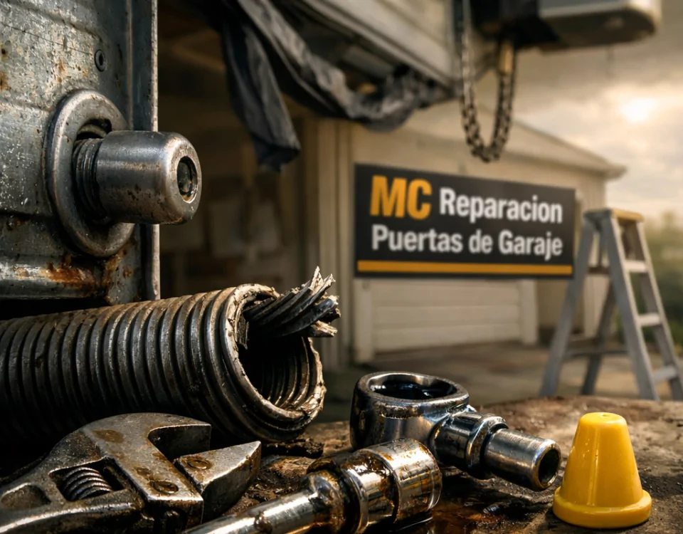 Primer plano de un resorte de torsión dañado y herramientas en un garage, reflejando la urgencia de reparar puertas de garaje. Cuales son las mejores opciones para la reparacion de puertas de garaje en Valencia.