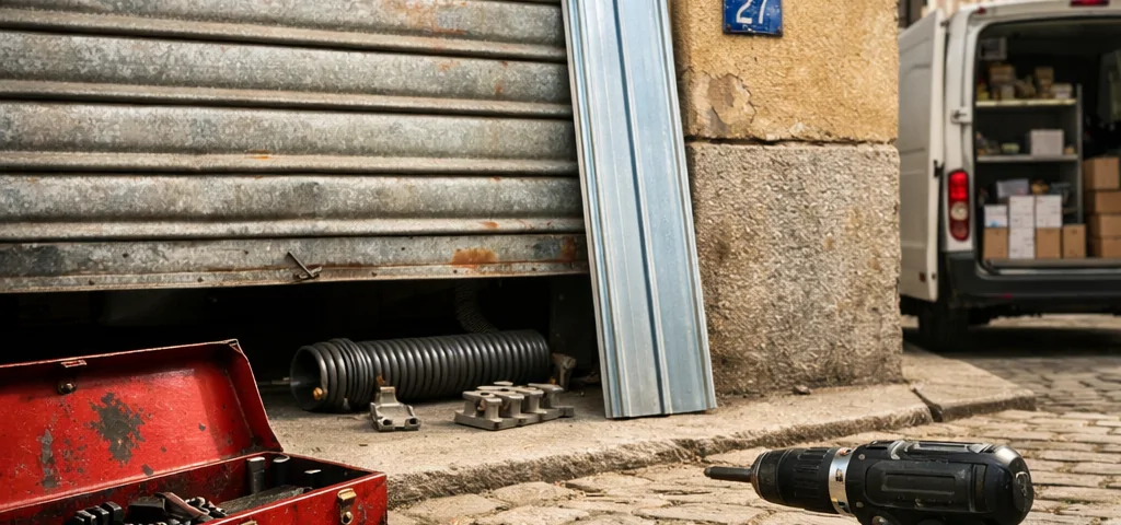 Escena urbana con puerta enrollable medio levantada; herramientas en caja roja. Que compañías ofrecen reparación rápida de puertas enrollables en Madrid.