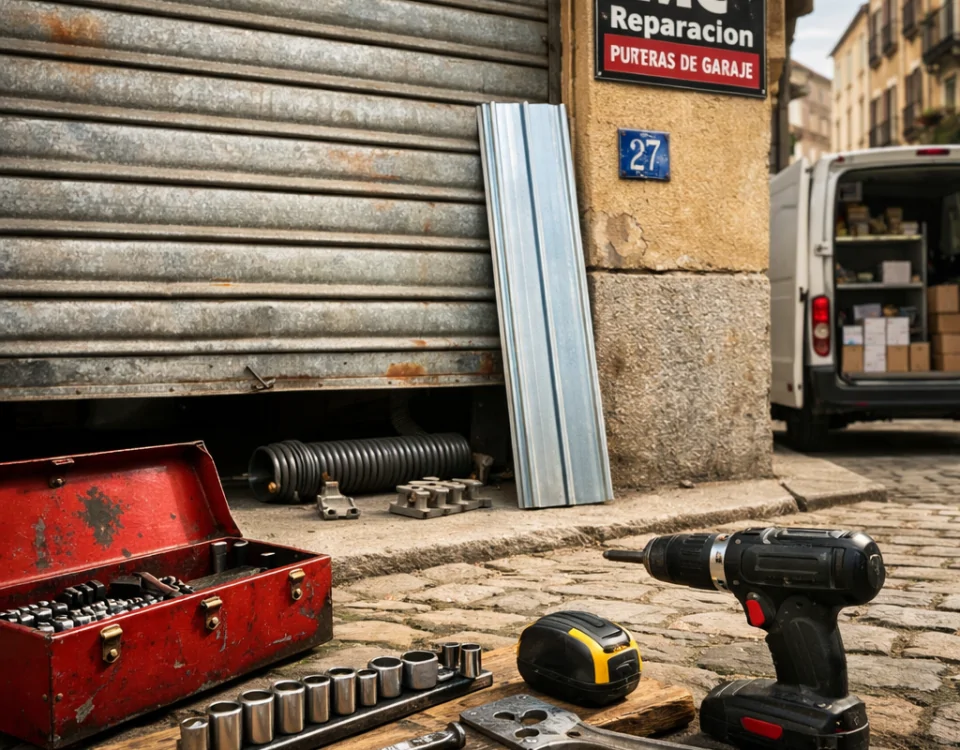 Escena urbana con puerta enrollable medio levantada; herramientas en caja roja. Que compañías ofrecen reparación rápida de puertas enrollables en Madrid.