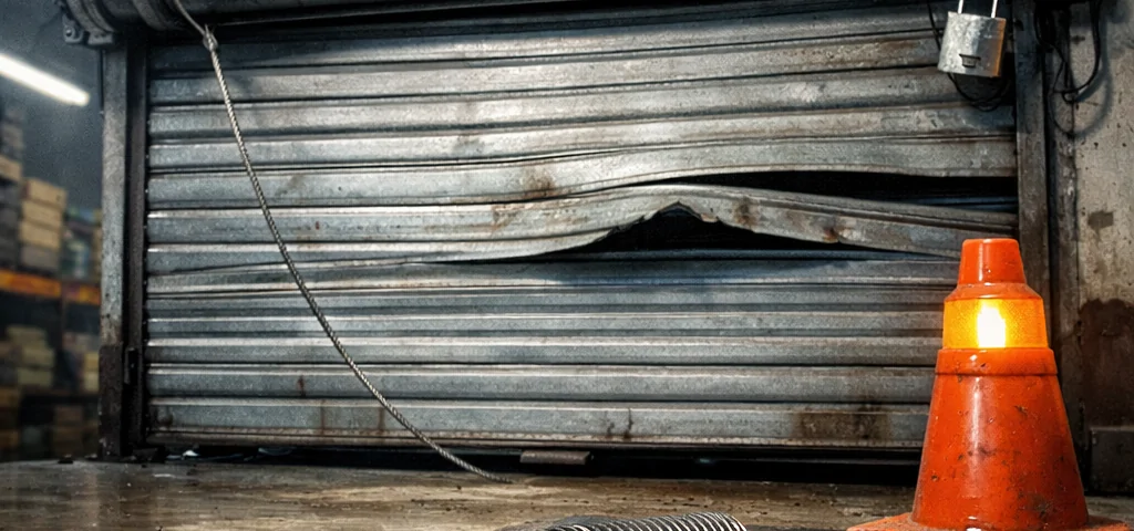 Puerta enrollable dañada en un taller, herramientas esparcidas; busca "que compañías ofrecen reparación rápida de puertas enrollables en Madrid".