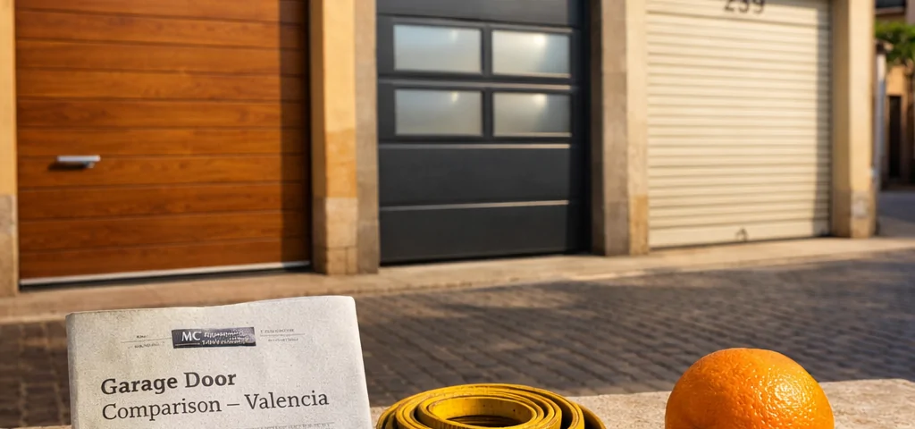 Escena de Valencia con tres puertas de garaje y un folleto titulado "Comparativa de puertas de garaje para saber cual elegir en Valencia".