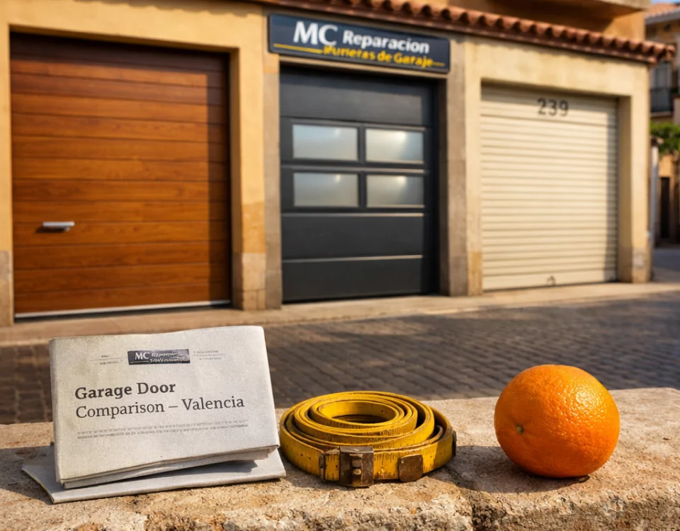 Escena de Valencia con tres puertas de garaje y un folleto titulado "Comparativa de puertas de garaje para saber cual elegir en Valencia".
