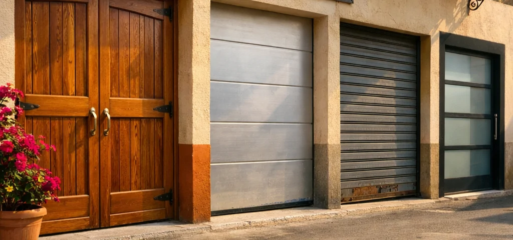 Comparativa de puertas de garaje para saber cual elegir en Valencia: puertas de madera, metal y vidrio en un entorno soleado.