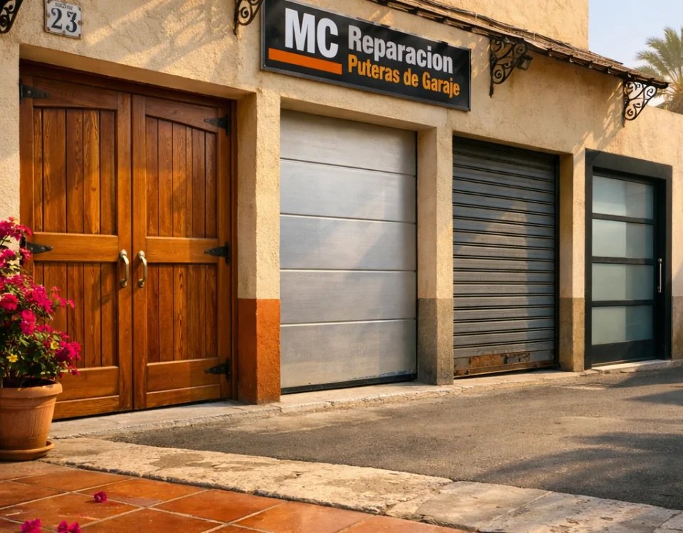 Comparativa de puertas de garaje para saber cual elegir en Valencia: puertas de madera, metal y vidrio en un entorno soleado.