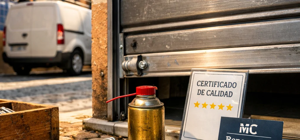 Escena de una calle de Barcelona con herramientas de reparación de puertas de garaje y un certificado de calidad visible. Cuales son los servicios de reparacion de puertas de garaje mejor valorados en Barcelona.