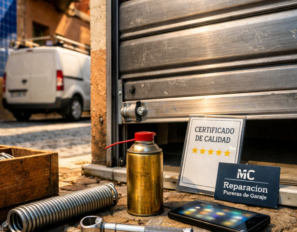 Escena de una calle de Barcelona con herramientas de reparación de puertas de garaje y un certificado de calidad visible. Cuales son los servicios de reparacion de puertas de garaje mejor valorados en Barcelona.
