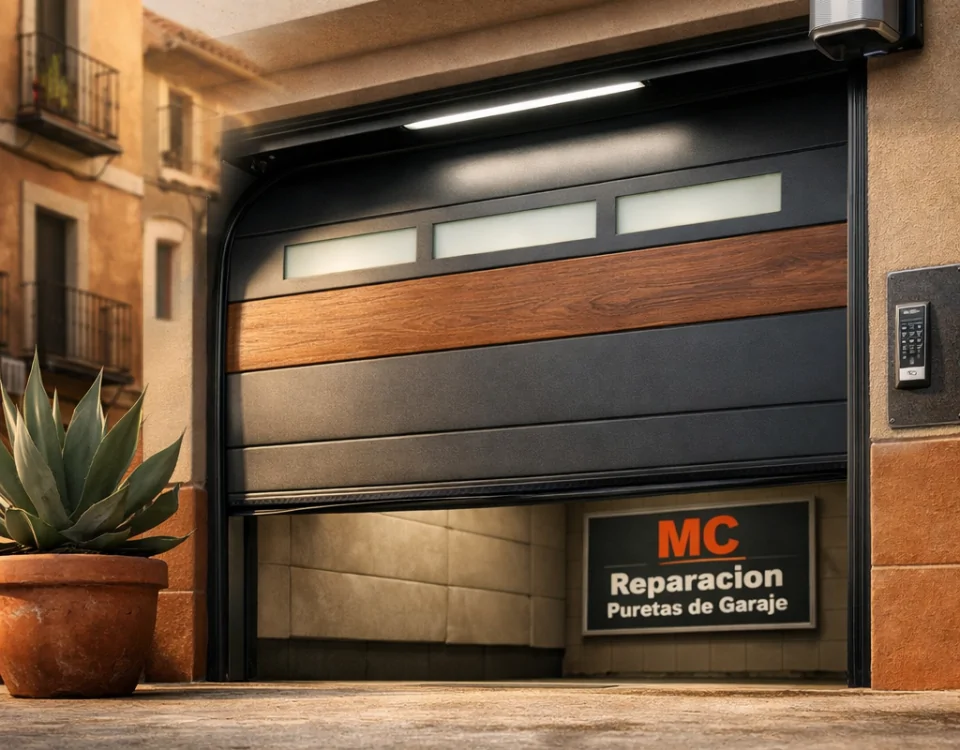 Vista baja de un garaje contemporáneo en Madrid con puerta automática, reflejando tendencias actuales en puertas de garaje automáticas.