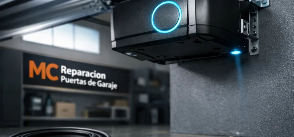 Interior de garaje con puerta automática en movimiento, mostrando tecnología y diseño; Cuales son las tendencias actuales en puertas de garaje automaticas en Madrid.