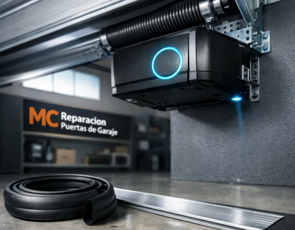 Interior de garaje con puerta automática en movimiento, mostrando tecnología y diseño; Cuales son las tendencias actuales en puertas de garaje automaticas en Madrid.