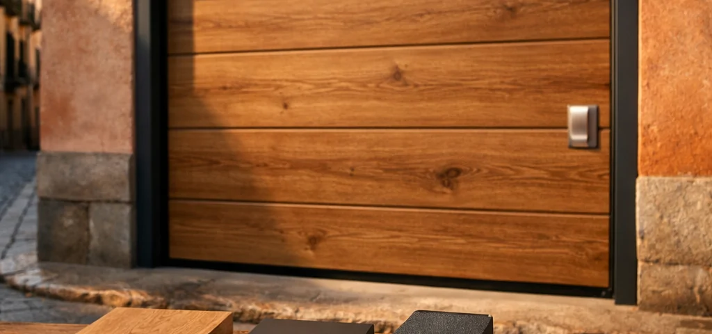 Escena soleada en Madrid con una puerta de garaje de madera y muestras de materiales; opciones personalizadas de instalación de puertas de garaje en Madrid quien ofrece.