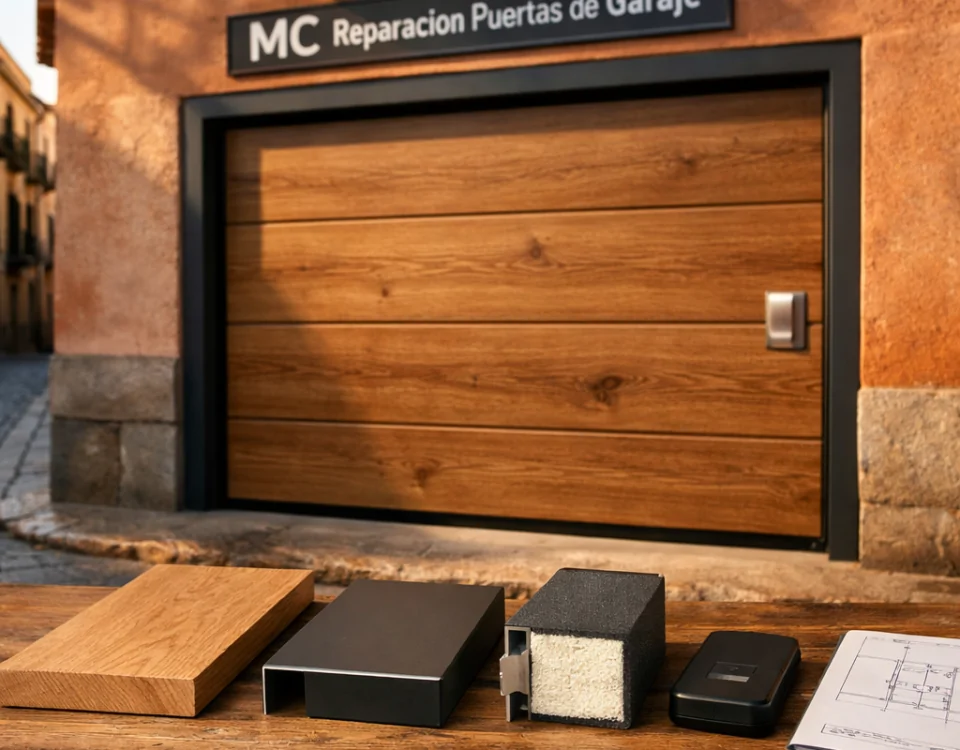 Escena soleada en Madrid con una puerta de garaje de madera y muestras de materiales; opciones personalizadas de instalación de puertas de garaje en Madrid quien ofrece.