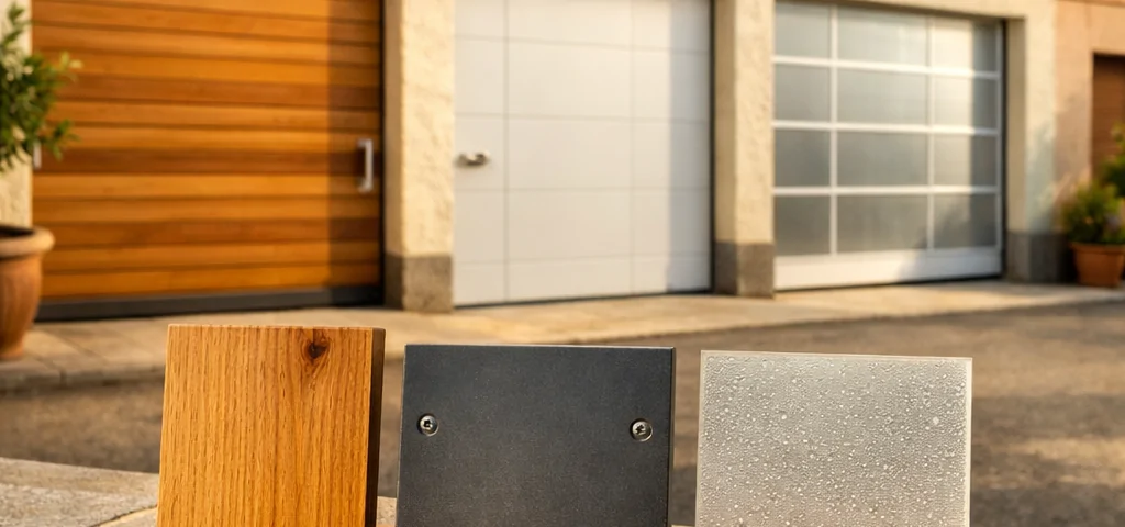 Opciones personalizadas de instalación de puertas de garaje en Madrid quien ofrece, mostrando muestras de materiales en un entorno cálido.