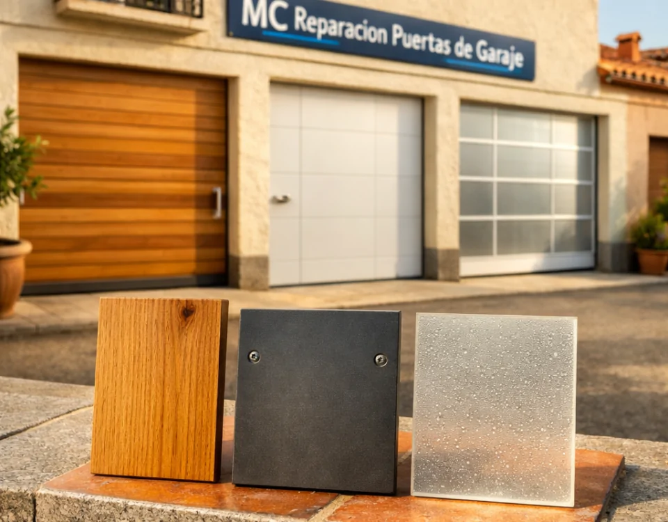 Opciones personalizadas de instalación de puertas de garaje en Madrid quien ofrece, mostrando muestras de materiales en un entorno cálido.