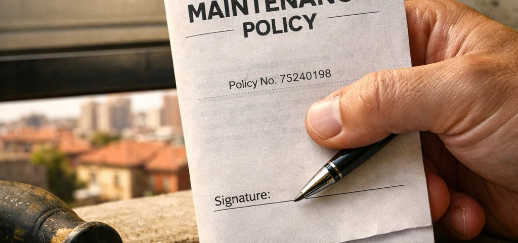Primer plano de una mano firmando un folleto de opciones de seguro para mantenimiento de puertas de garaje en Madrid.