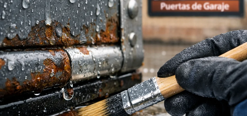 Primer plano de una puerta de garaje en Madrid, mostrando mantenimiento con un pincel y checklist: "Que tipos de mantenimiento se recomiendan para puertas de garaje en zonas lluviosas de Madrid".
