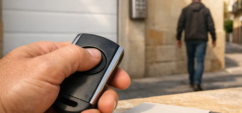 Primer plano de un mando de garaje usado en una puerta automática en Madrid, un proveedor fiable de puertas de garaje automáticas en Madrid donde encontrar.