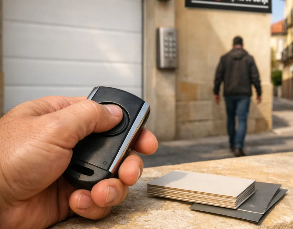 Primer plano de un mando de garaje usado en una puerta automática en Madrid, un proveedor fiable de puertas de garaje automáticas en Madrid donde encontrar.