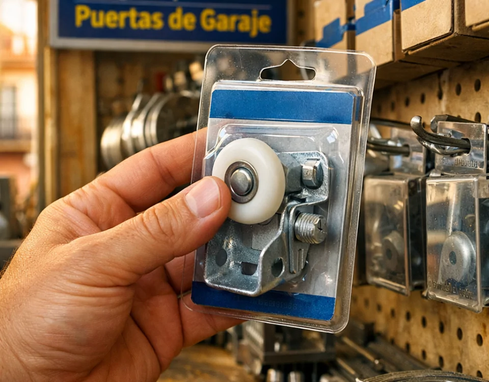 Mano de un propietario levantando un rodillo de puerta de garaje en una ferretería de Madrid. Donde encontrar repuestos para puertas de garaje en Madrid.
