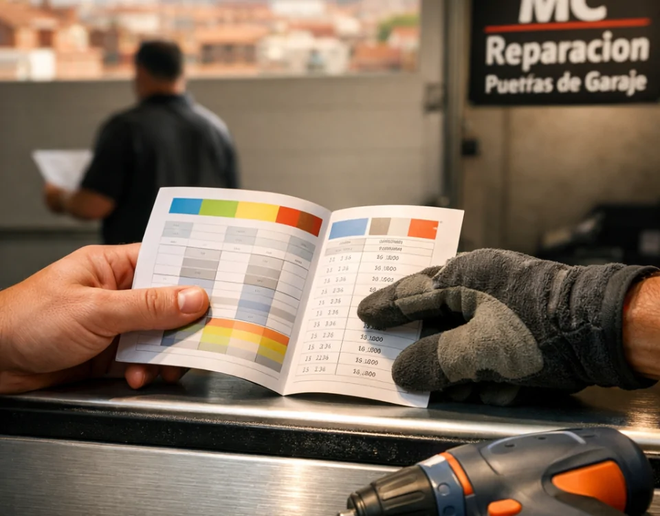 Manos de un propietario revisando un folleto de pago a plazos para la instalación de puertas de garaje en Madrid.