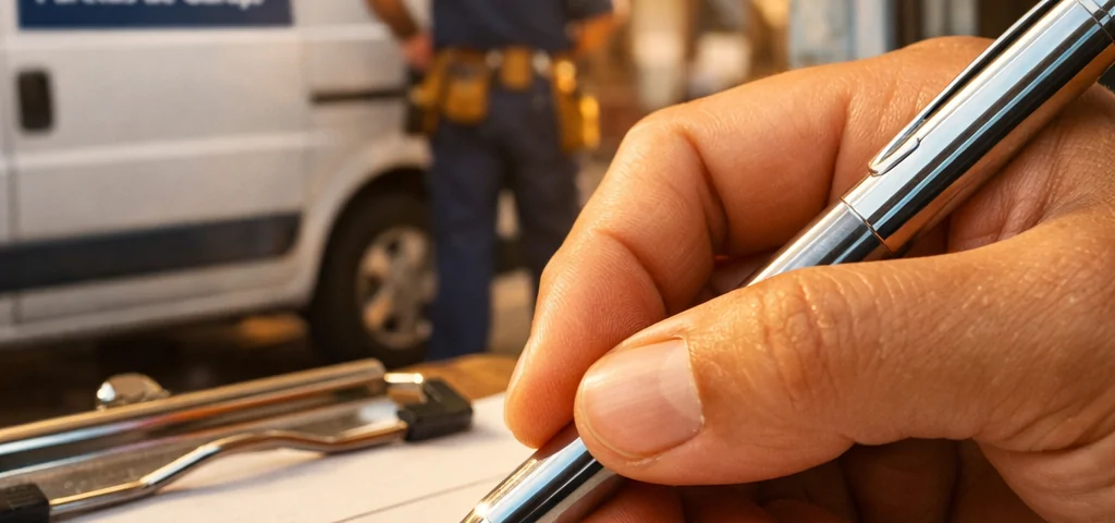Primer plano de una mano escribiendo en un formulario de feedback, resaltando la atención al cliente en reparaciones de puertas de garaje en Madrid.